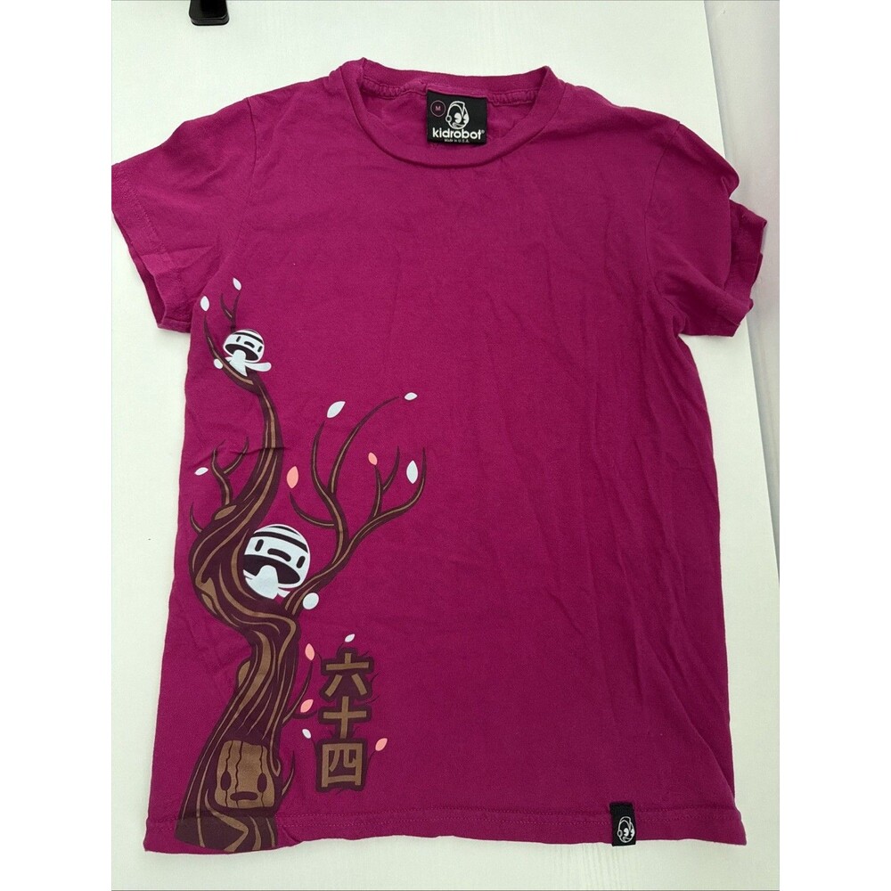 Kidrobot Womens Size M Crewneck Graphic Tee Pink Magenta Japanese Tree Graphic